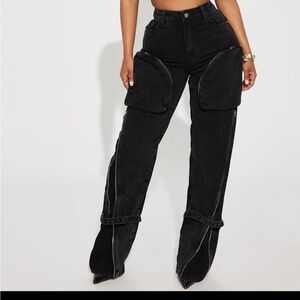 Fashion Nova Got It All Non Stretch Zip Cargo Jean BlackWash Size 11 w/ Tags